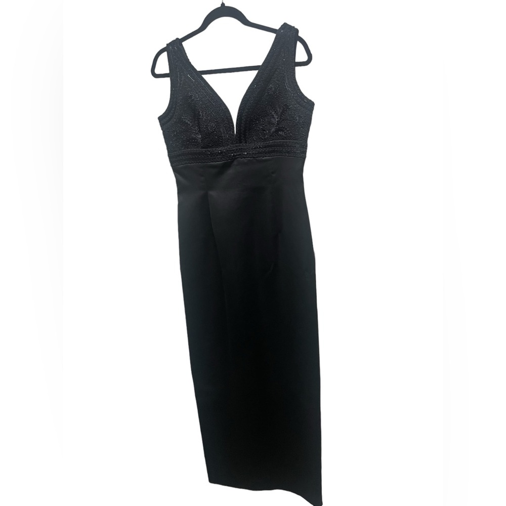 Carmen Marc Valvo black satin beaded and embroidered long formal prom dress